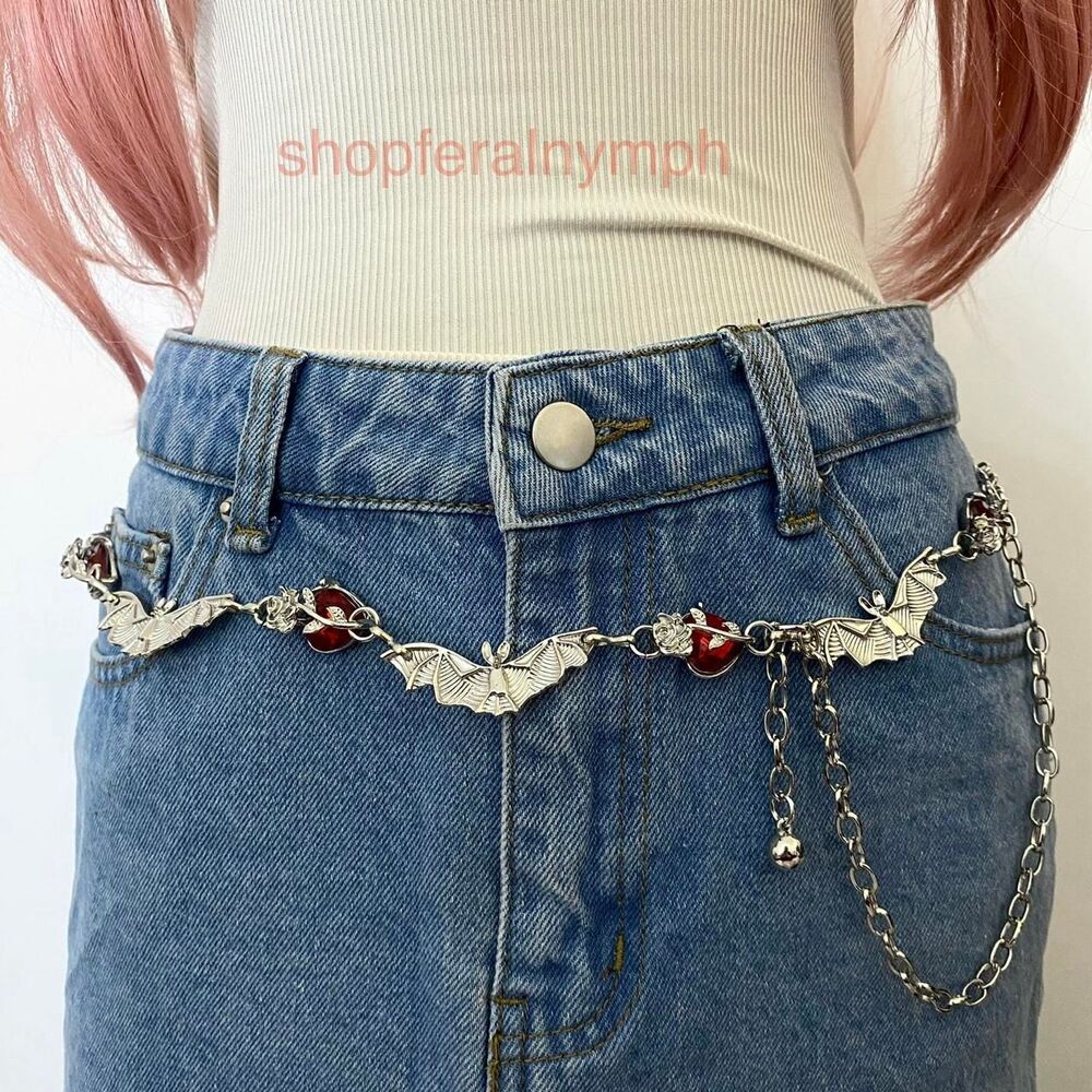 Silver Y2K Gothic Bat Red Heart Jewel Chain Belt, Fits 24-46 Inches, X7GA1475